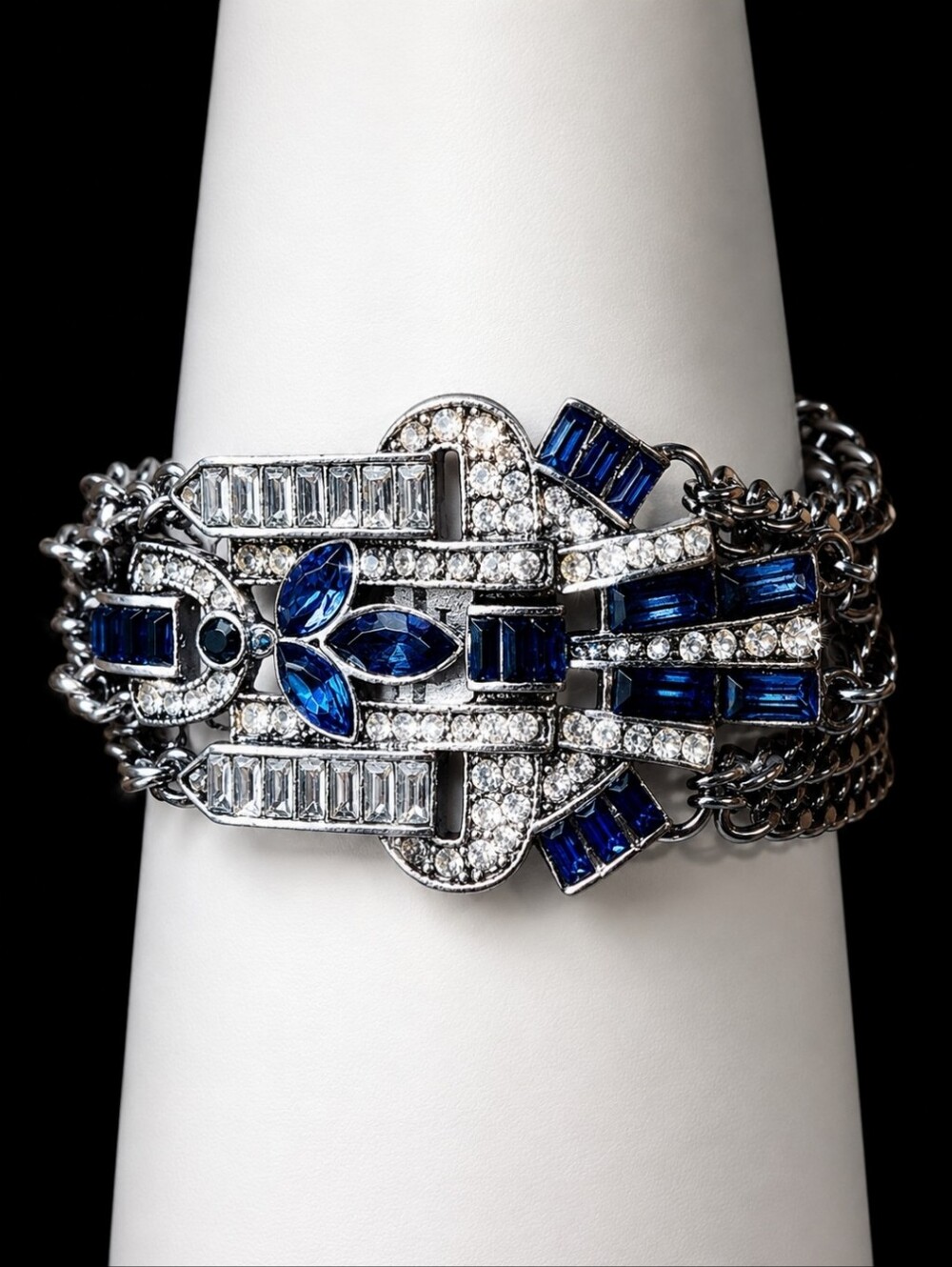 Silver Tone 6 Strand Chain Sapphire Blue Rhinestone Reproduction Bracelet NWOT